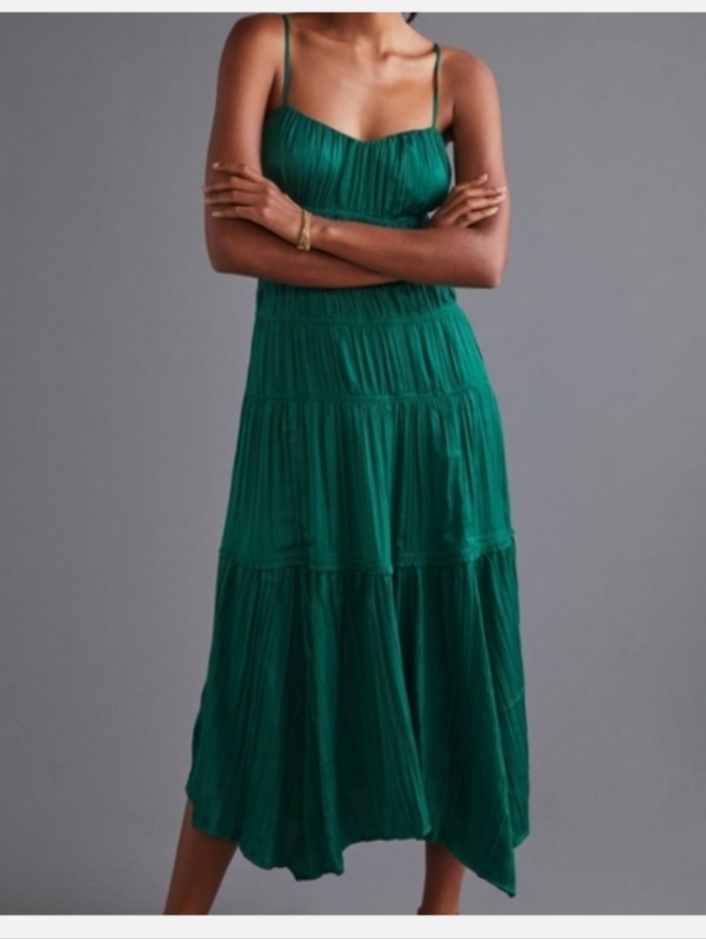 Anthropologie Emerald Green Tiered Midi Slip Dress